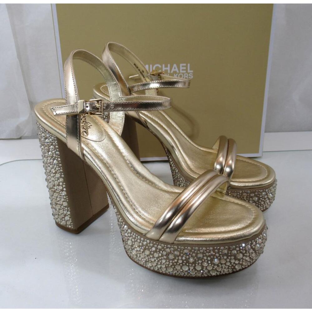 Michael Kors Laci Embellished Metallic Leather Platform Sandal Pale Gold Size 8 - Picture 4 of 10